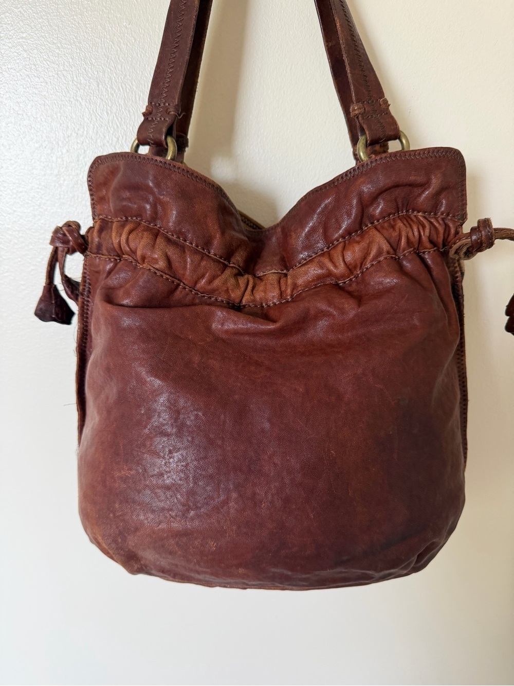 LUCKY BRAND Vintage Brown Leather Sinch Side Tote Shoulder Bag - Picture 4 of 13